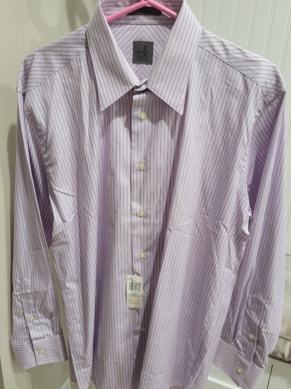 Mens Calvin Klein Dress Shirt 16 32/33 Large Lilac Purple Stripe Long Sleeve New